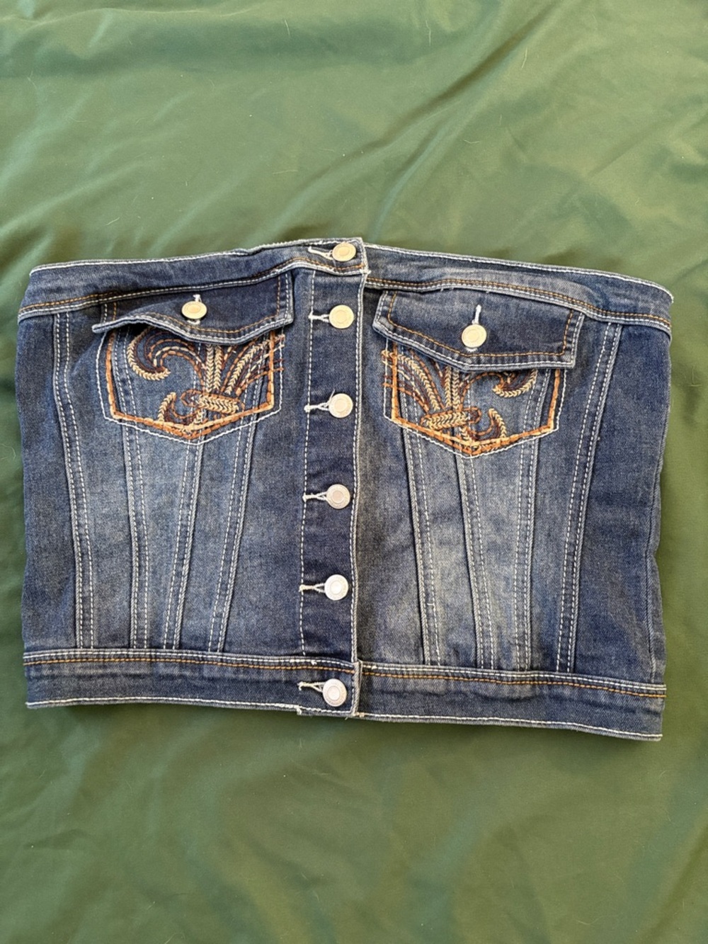 Denim Button-Front Strapless Crop Top in Dark Blue